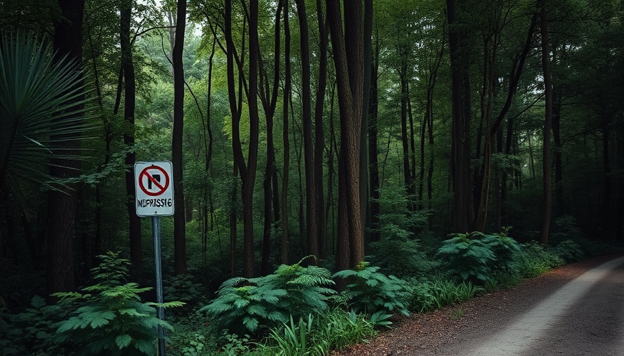 No trespassing sign in wooded area related to Rehoboth murder investigation.