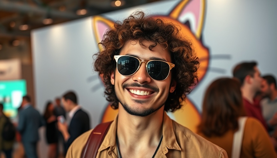 Man with sunglasses smiling, vibrant indoor setting.