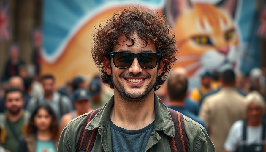 Man smiling confidently at event with cat illustration backdrop.