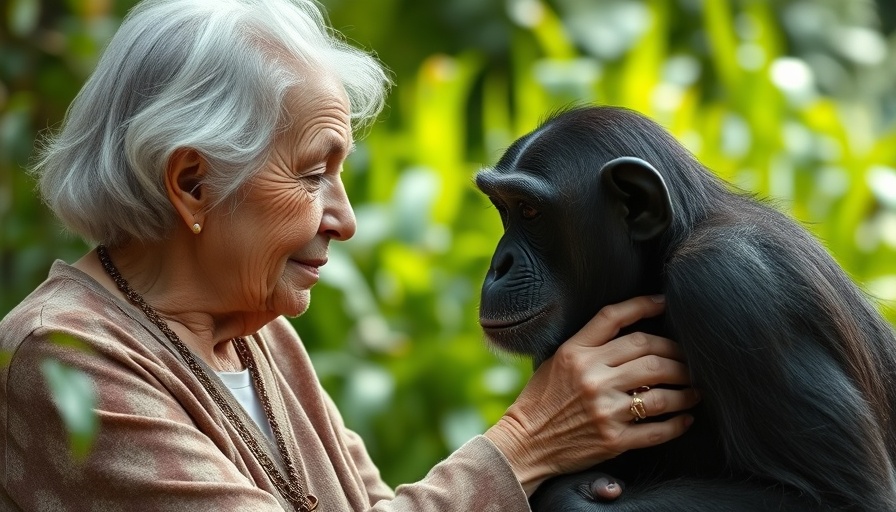 Jane Goodall sharing a tender moment with a chimpanzee, highlighting conservation legacy.
