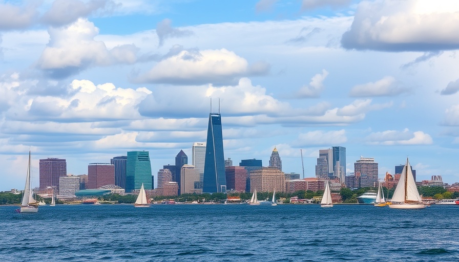 Boston skyline with sailboats on Charles River, Erewhon coming to Boston.