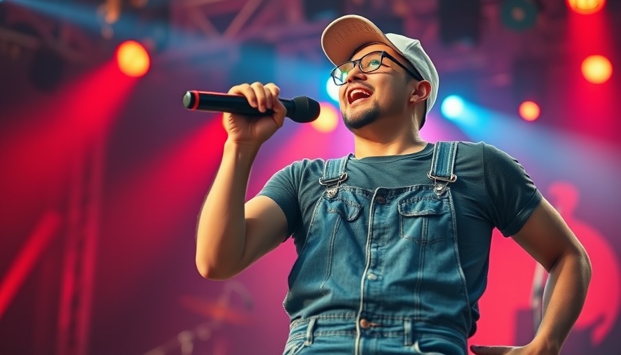 Energetic performer singing at Super Bowl Halftime Show.