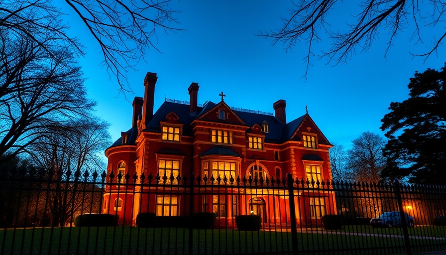 Evening view of a historic brick mansion from a ghost tour in America.