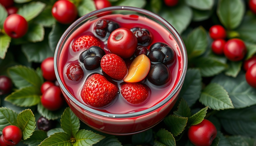 Delicious dessert bowl on green foliage, fruit toppings.