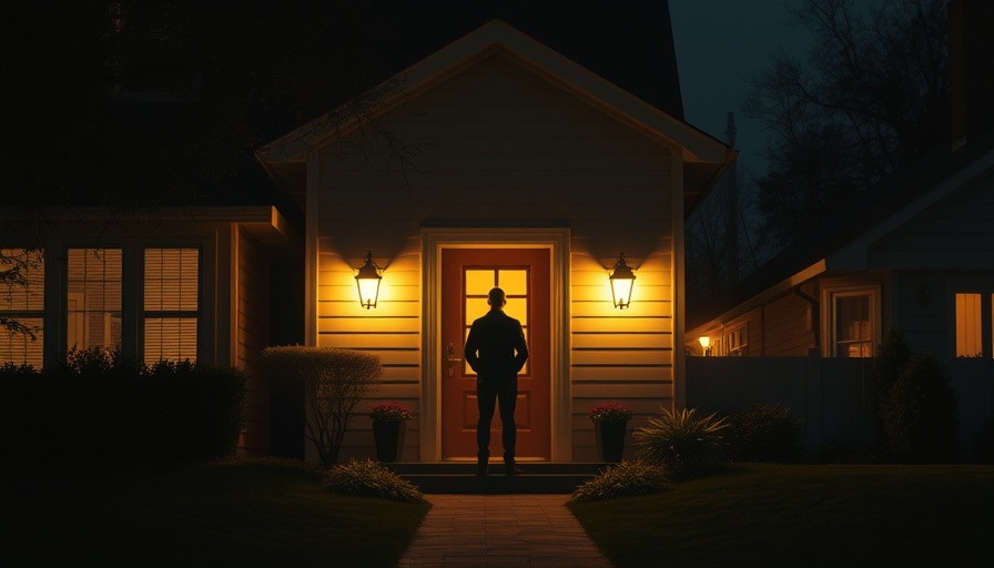 Dimly lit house exterior at night with silhouette in doorway.