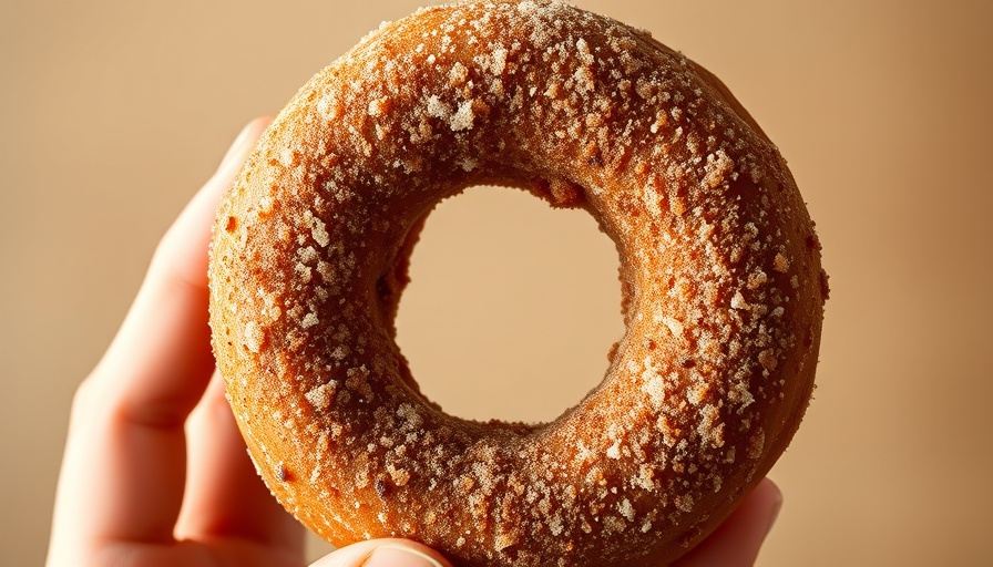 Close-up of a cider doughnut held in front of an eye.