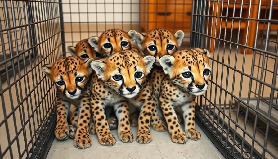 Cheetah cubs rescue scene in metal crates indoors