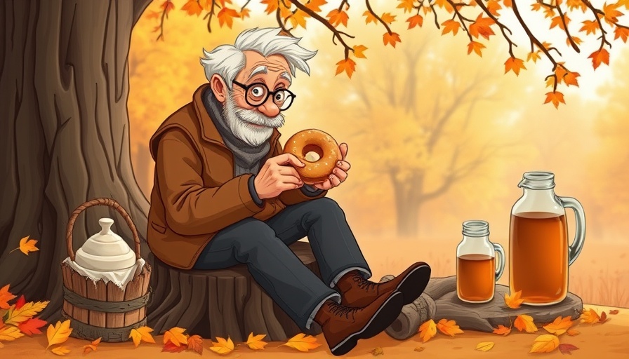 Cartoon older man inspecting an apple cider doughnut in autumn.