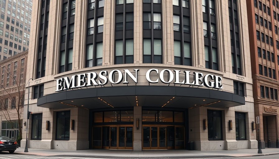 Emerson College building exterior with signage, cityscape view.