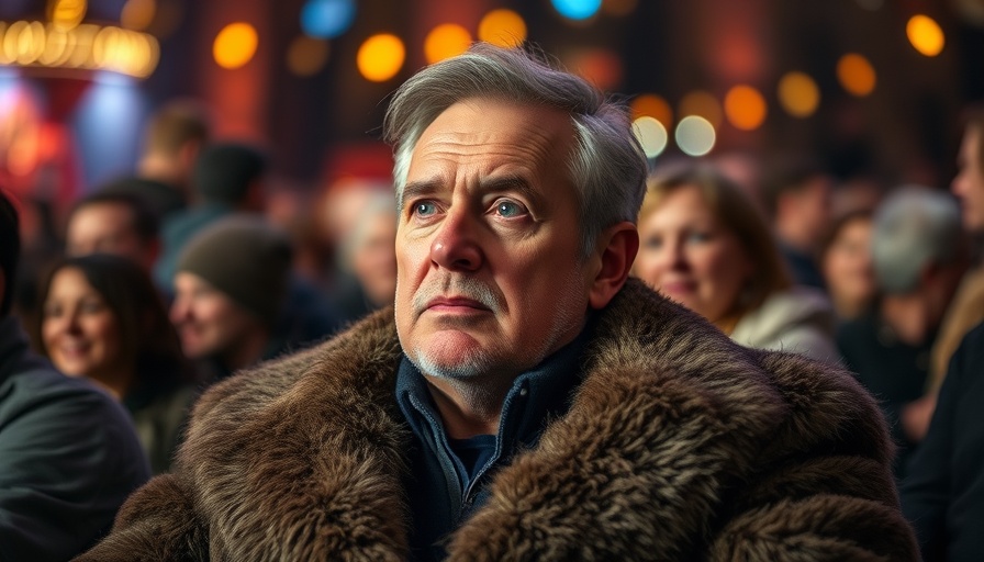 Contemplative man in fur coat at indoor event, thoughtful expression.