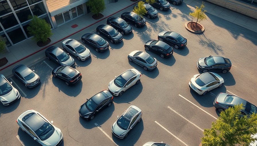 Aerial view of Tesla parking lot with cars, emphasizing parking layout.