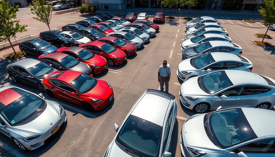 Aerial view of Tesla cars parked in a lot showing Tesla logo.