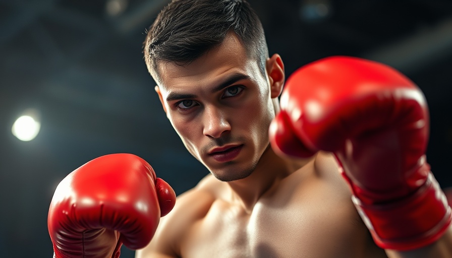 Male boxer in focused action pose in a boxing ring.