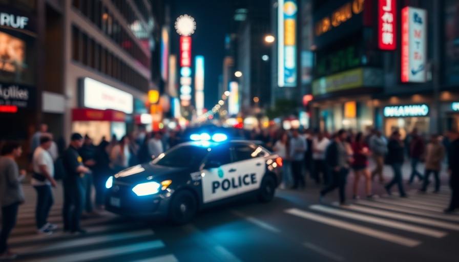Blurry police car and crowd during Boston vehicle takeover incident.