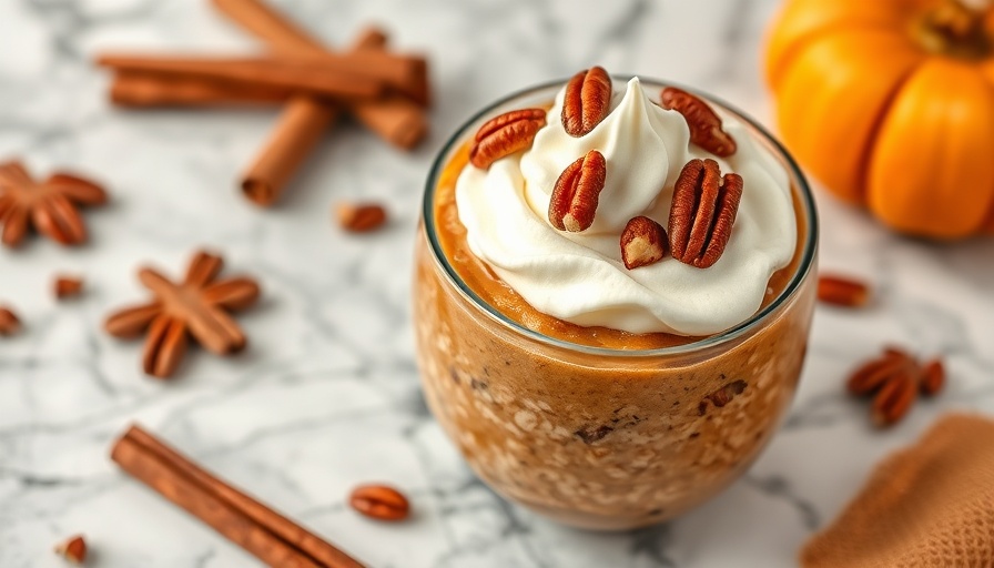 Pumpkin Pie Overnight Oats with whipped cream and pecans in a jar.