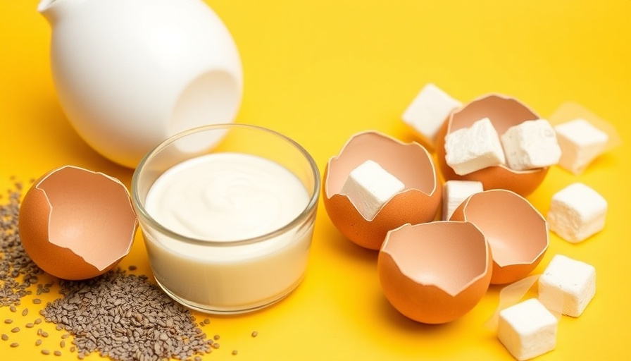 Creative display of healthy egg replacements with yogurt, chia, tofu.