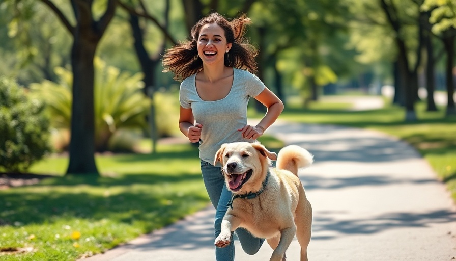 Joyful woman and dog jogging outdoors promoting healthy lifestyles.