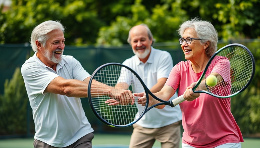 Elderly group enjoying tennis; sports reduce early death odds