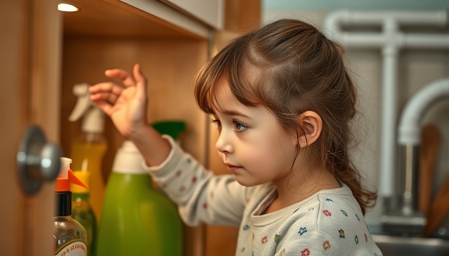 Child reaching for cleaning supplies, emphasizing Poison Prevention Month safety.