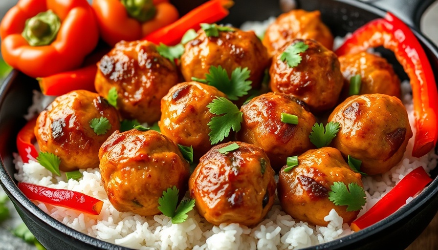 Firecracker Chicken Meatballs in a skillet with rice and vegetables.