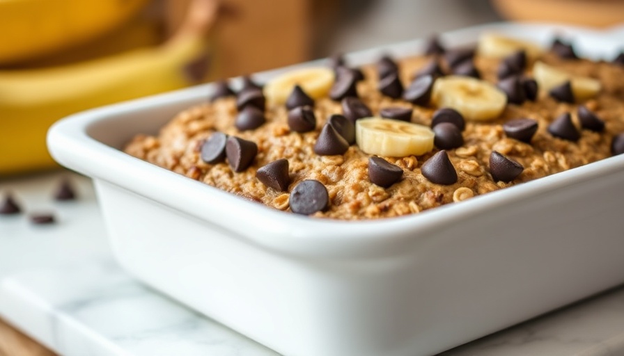 Chunky Monkey Banana Baked Oatmeal with chocolate chips in a dish.