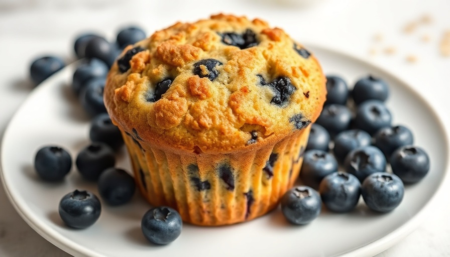 Best bakery style blueberry muffin on a plate with blueberries.