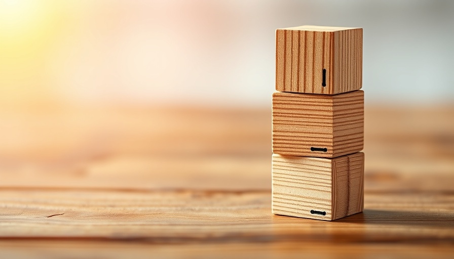 Stacked wooden blocks illustrate 'small actions lead to great achievements'.