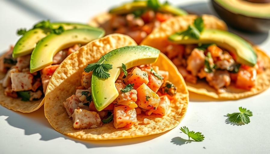 Healthy Hawaiian tuna tacos with avocado, herbs, and natural light.