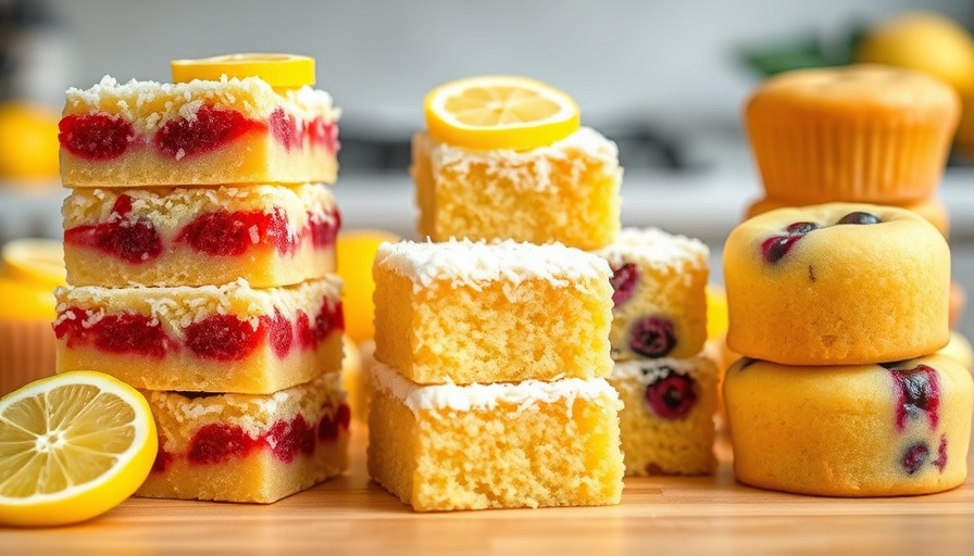 Colorful healthy lemon dessert assortment including lemon bars, bites, squares, muffins.