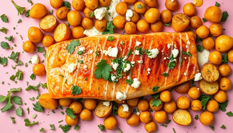 Vibrant sheet pan salmon recipe with roasted potatoes and chickpeas.