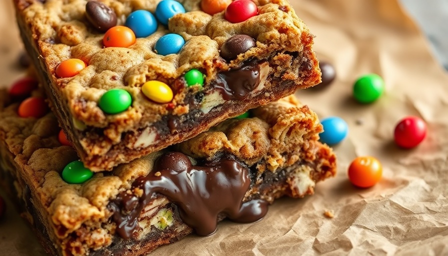 Close-up of tahini monster cookie bars with colorful candies and chocolate.