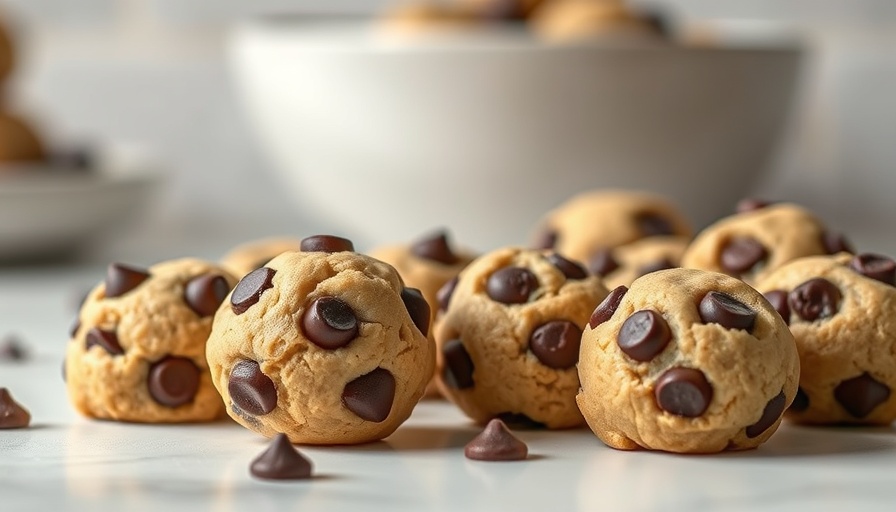 Appetizing 4-ingredient cookie dough bites with chocolate chips on white surface.