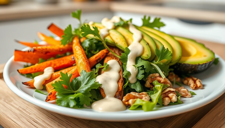 Fresh salad with grilled carrots, avocado, and walnuts, April recipe