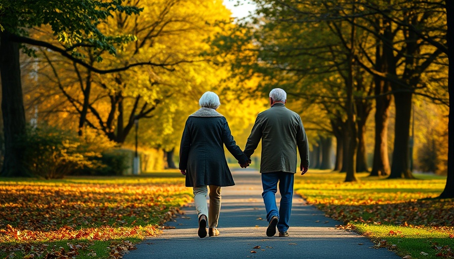 Elderly couple in park, exercise interventions for depression, autumn day.