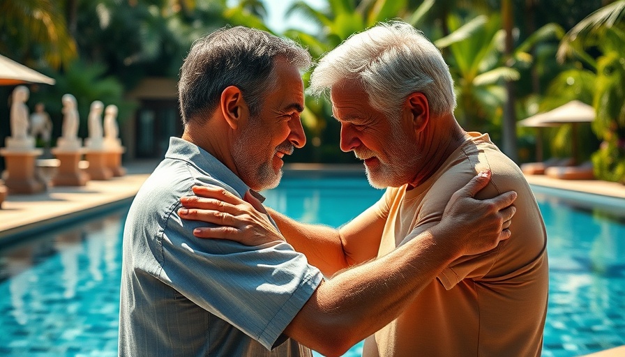Tender moment near tropical pool, highlighting emotional tension.