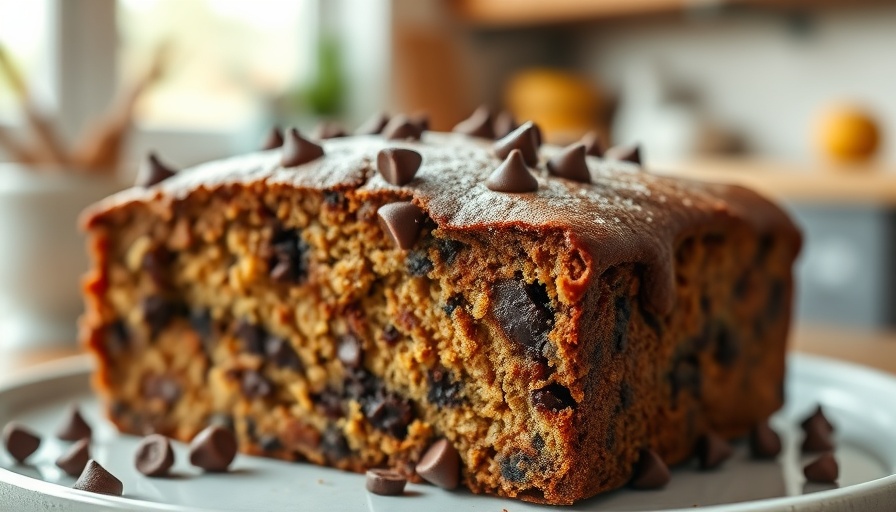Moist vegan chocolate chip coffee cake with chunks on a white plate
