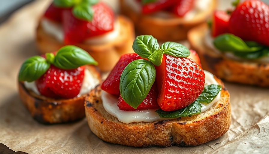 Roasted Strawberry Crostini with basil on bread.