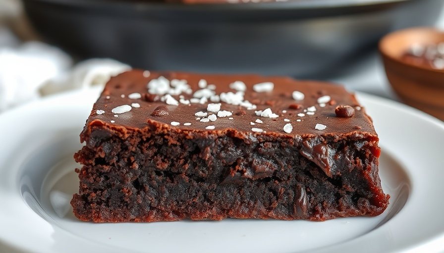 Healthy Vegan Skillet Brownie slice on a white plate with sea salt topping, photorealistic.
