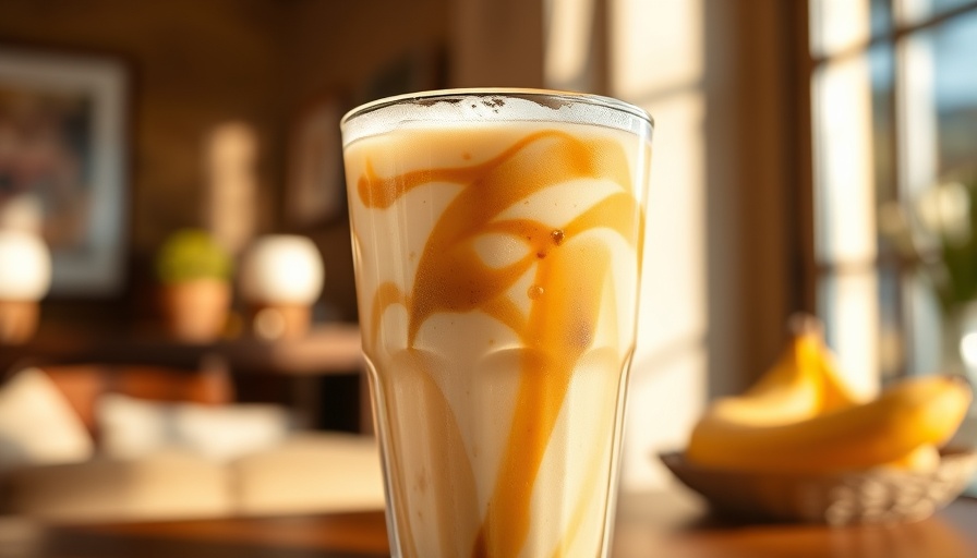 Iced banana bread latte in a glass with banana bread.