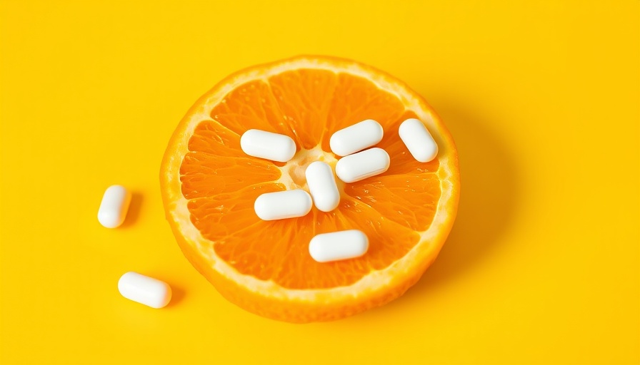 Orange slice with pills on yellow background for probiotics and mental health.