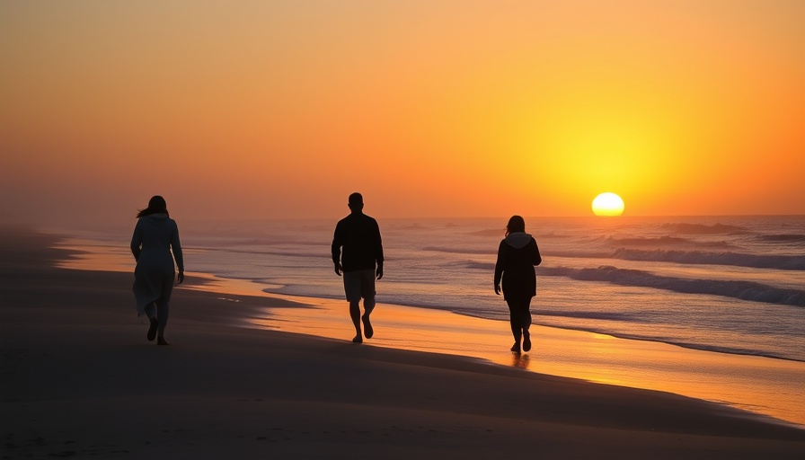 Silhouetted figures walk on Charleston beach at sunrise for Fresh Air Retreat.