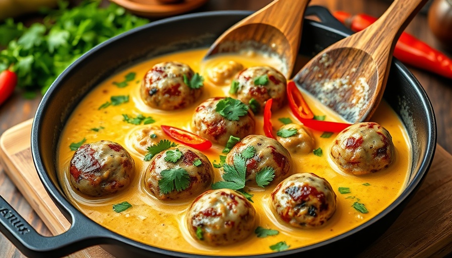 Vibrant skillet of healthy meatballs in a creamy sauce, Myrtle Beach recipe.