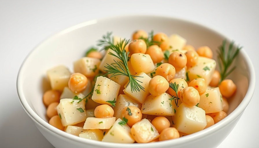 High-protein potato salad with dill and chickpeas in a bowl.