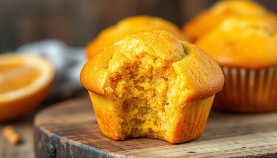 Golden orange muffin with a bite, rustic setting.