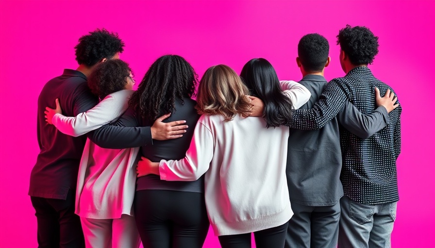 Diverse group embracing against bold pink backdrop.