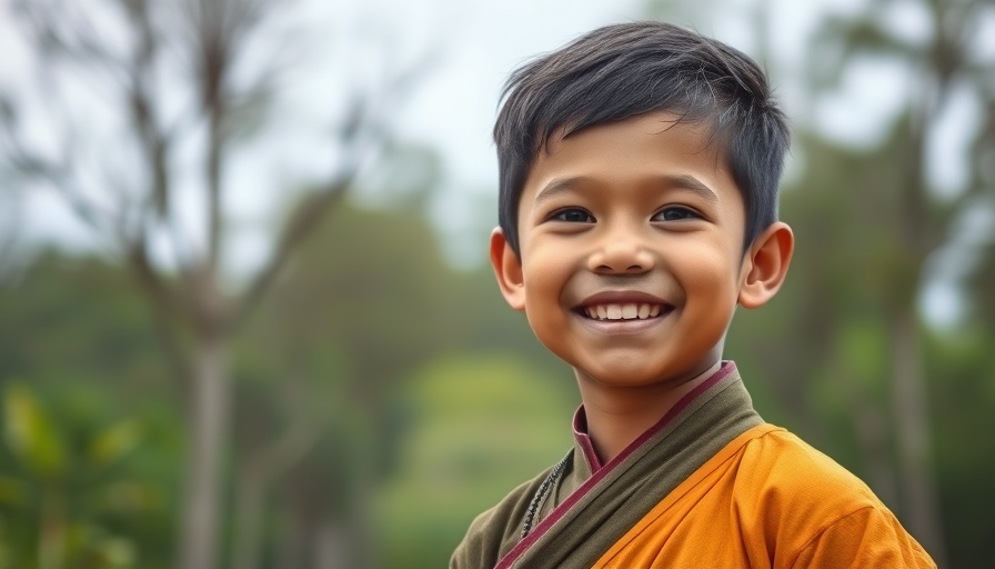 Young boy in traditional attire smiling outdoors, age-at-migration context.