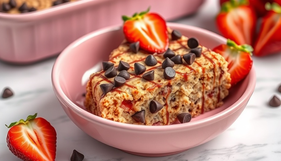 Slice of strawberry banana baked oatmeal with chocolate chips in pink bowl.