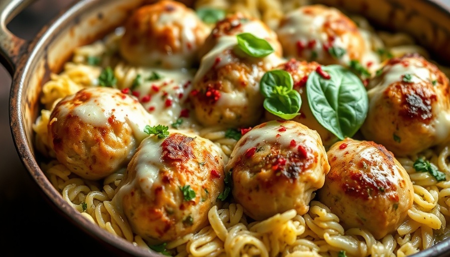 One Pan Baked Pesto Orzo with Chicken Meatballs in skillet.