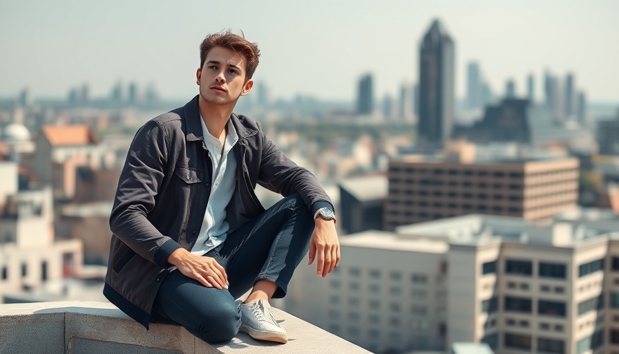 Thoughtful young man sitting on ledge near urban skyline, daylight.