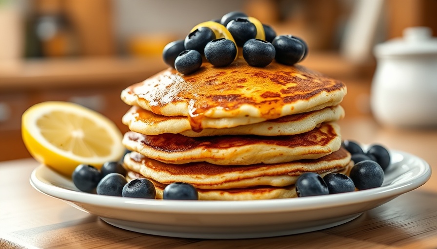 Gluten-free lemon blueberry pancakes stacked and topped with blueberries.
